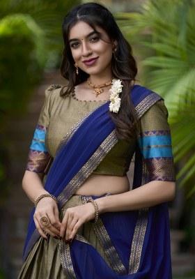 Green Embroidered Cotton Lehenga Set With Dupatta