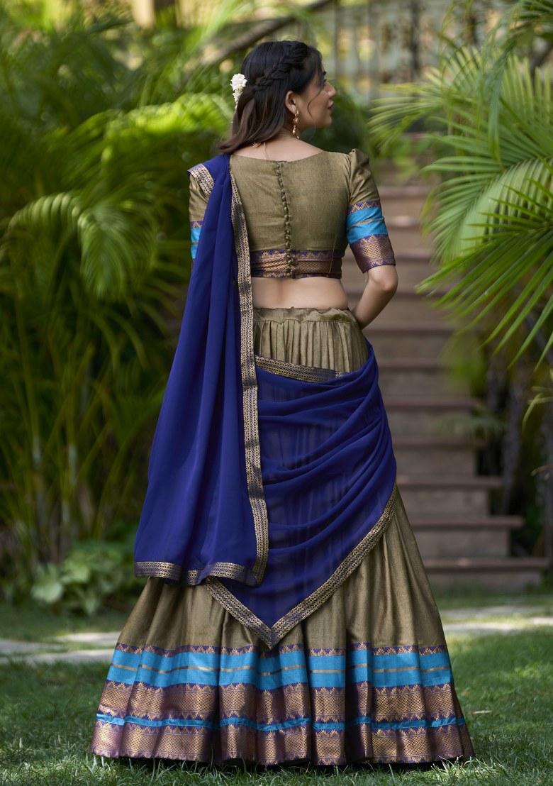 Green Embroidered Cotton Lehenga Set With Dupatta