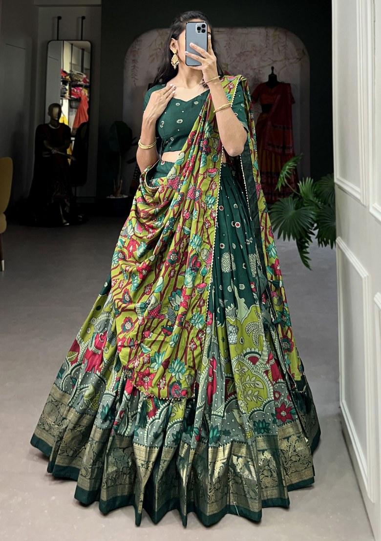 Green Printed Silk Lehenga Set With Dupatta