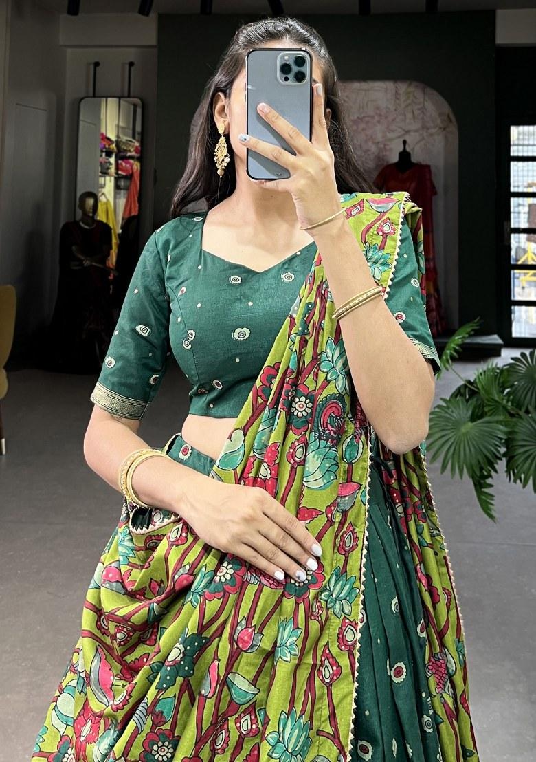 Green Printed Silk Lehenga Set With Dupatta