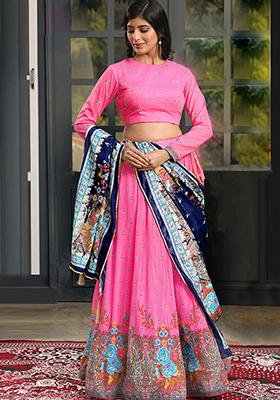 Pink Digital Print Satin Silk Lehenga Set