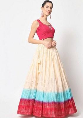 Beige Embroidered Silk Lehenga Set With Dupatta