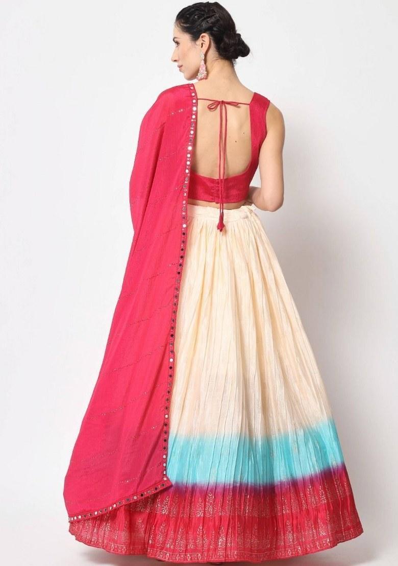 Beige Embroidered Silk Lehenga Set With Dupatta