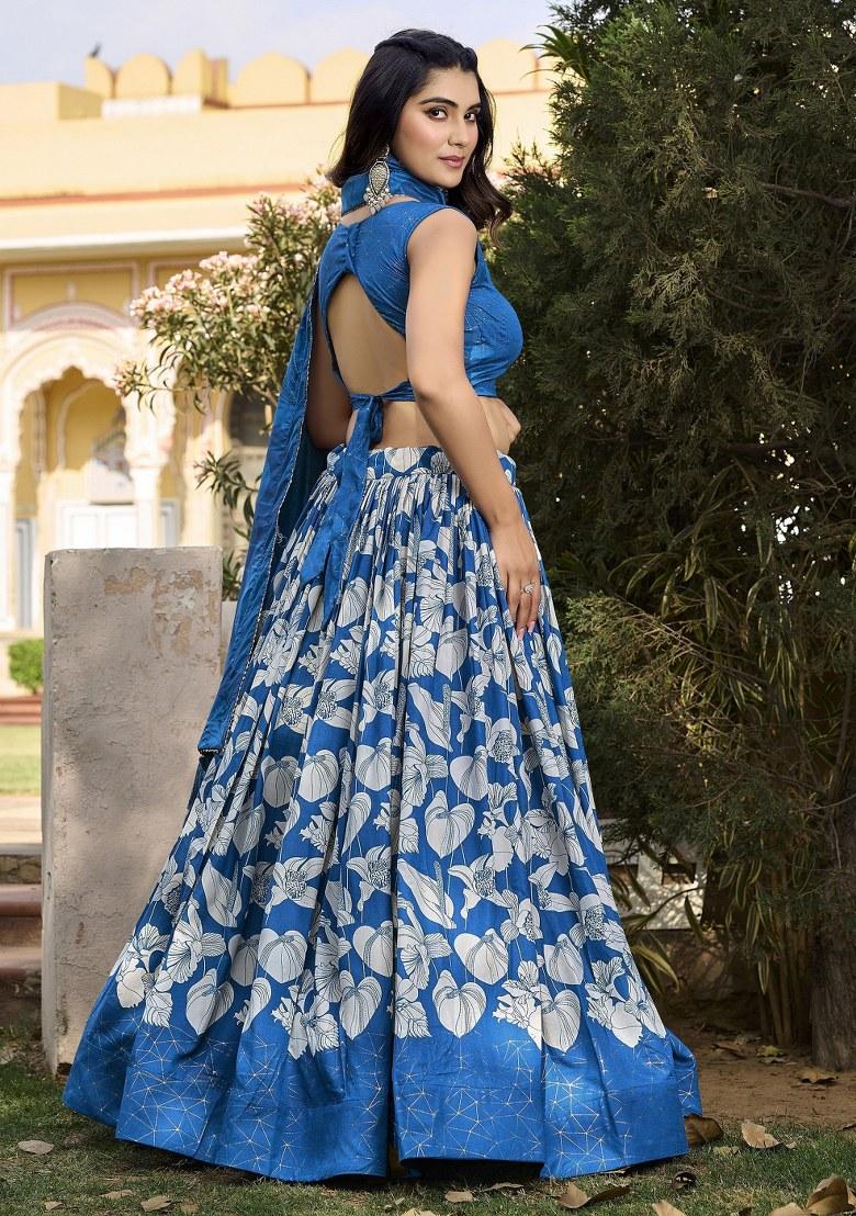 Blue Printed Silk Lehenga Set With Dupatta