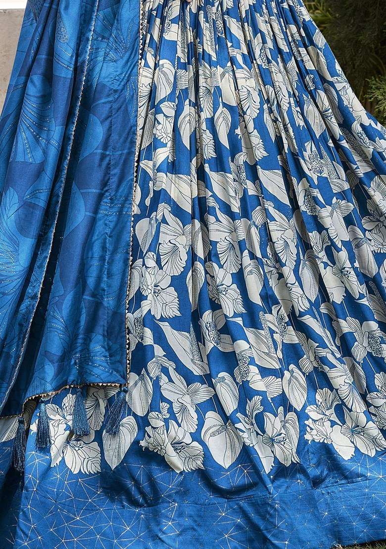 Blue Printed Silk Lehenga Set With Dupatta - Indya