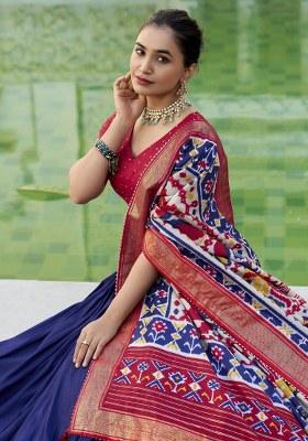 Blue Printed Silk Lehenga Set With Dupatta
