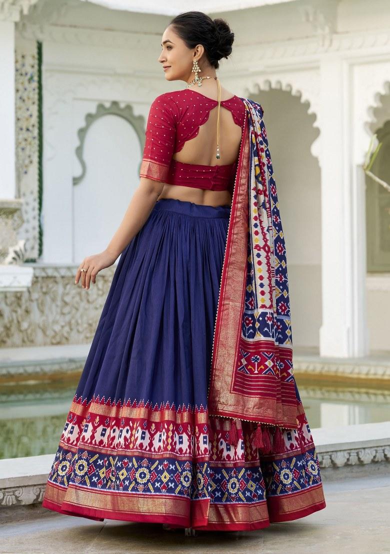 Blue Printed Silk Lehenga Set With Dupatta