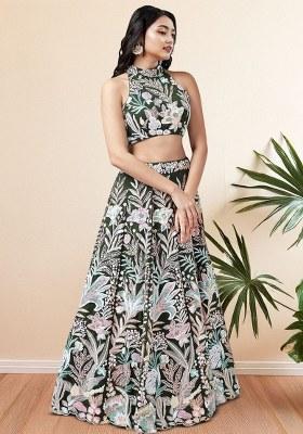 Green Embroidered Net Lehenga Set With Dupatta