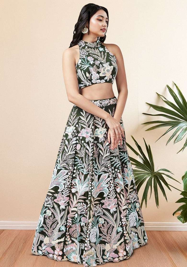 Green With Dupatta Net Lehenga Set with Embroidered for Diwali | Wedding & Festive Wear - Indya