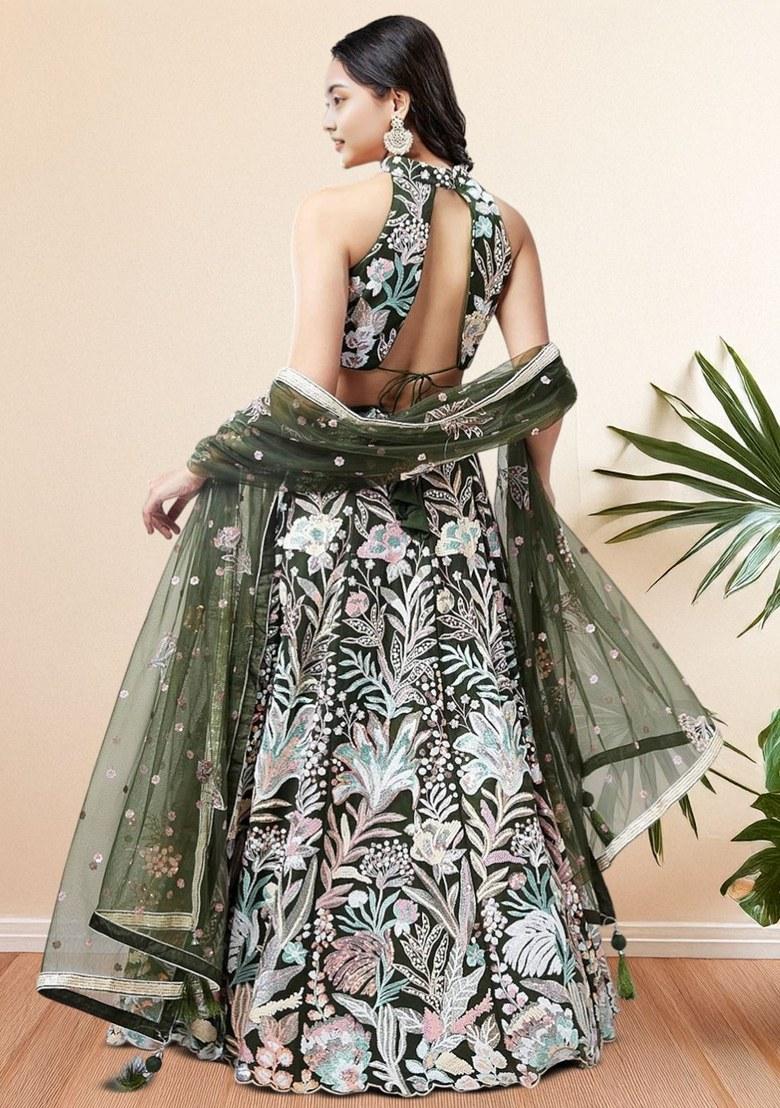 Green Embroidered Net Lehenga Set With Dupatta
