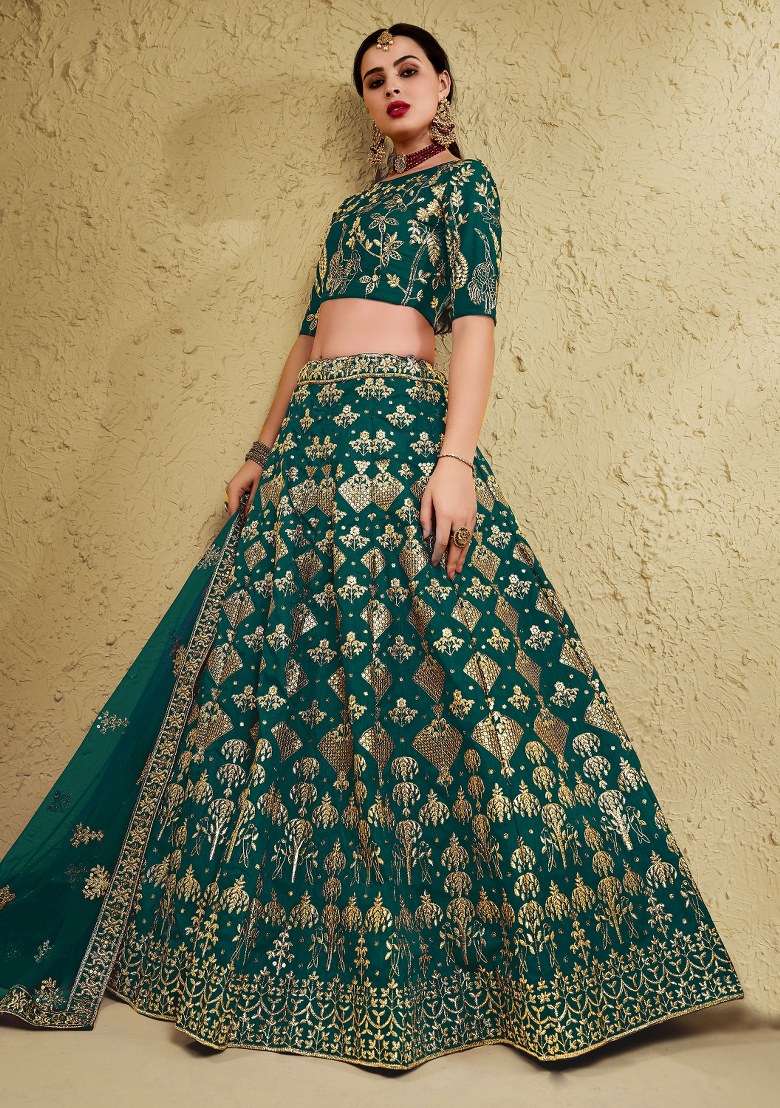 Green Embroidered Silk Blend Lehenga Set With Dupatta for Diwali and Festive Wear - Indya