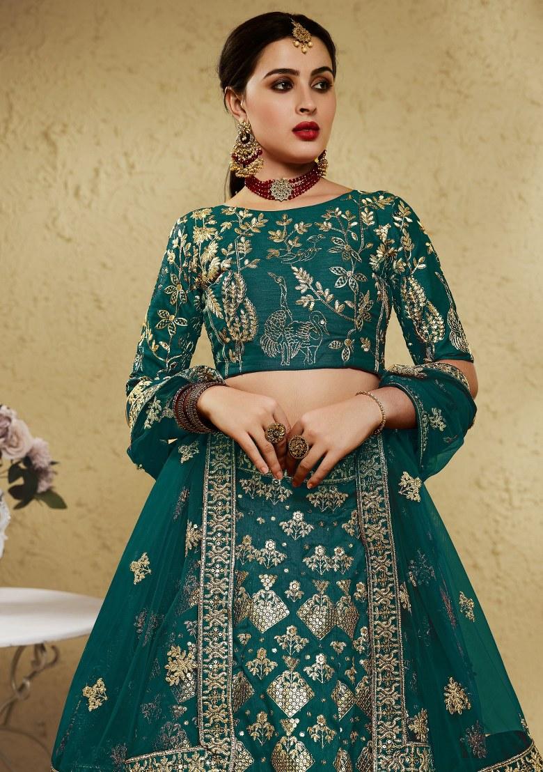 Green Embroidered Silk Lehenga Set With Dupatta
