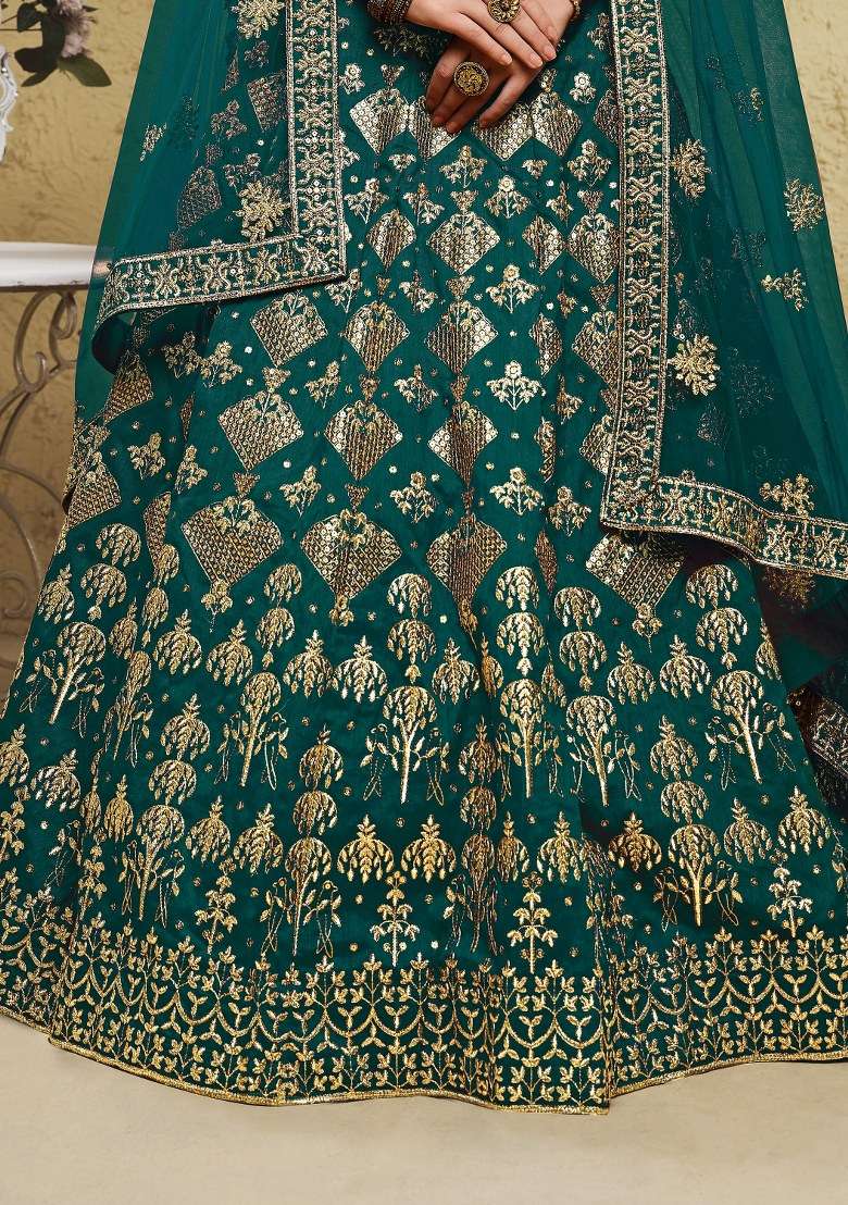 Green Embroidered Silk Blend Lehenga Set With Dupatta for Diwali and Festive Wear - Indya