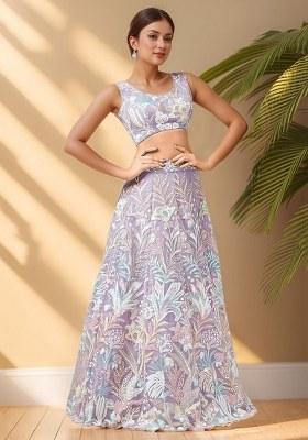 Lavender Embroidered Net Lehenga Set With Dupatta
