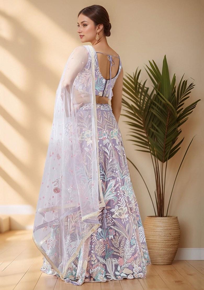 Lavender Embroidered Net Lehenga Set With Dupatta
