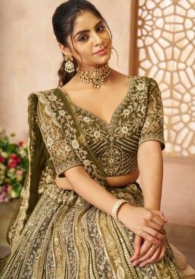 Green Embroidered Net Lehenga Set With Dupatta