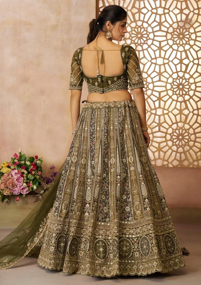 Green Embroidered Net Lehenga Set With Dupatta