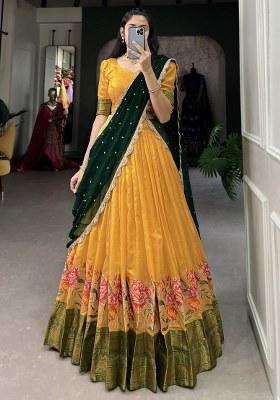 Yellow Embroidered Cotton Lehenga Set With Dupatta