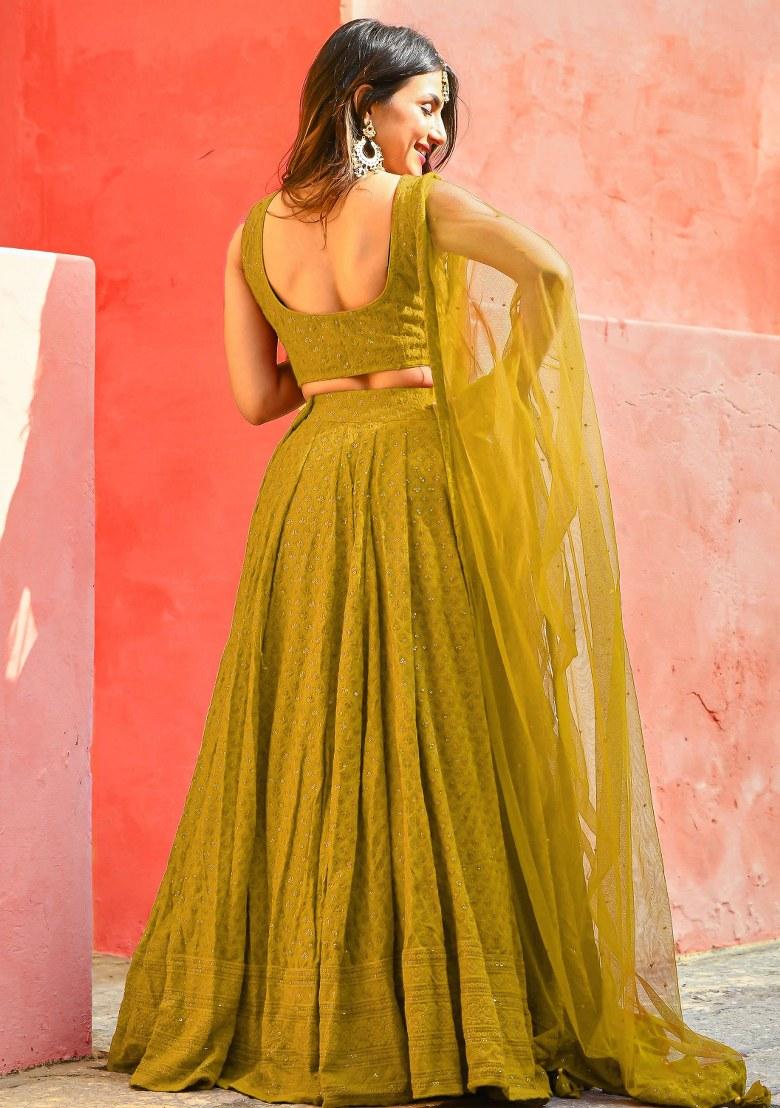 Yellow Embroidered Georgette Lehenga Set With Dupatta