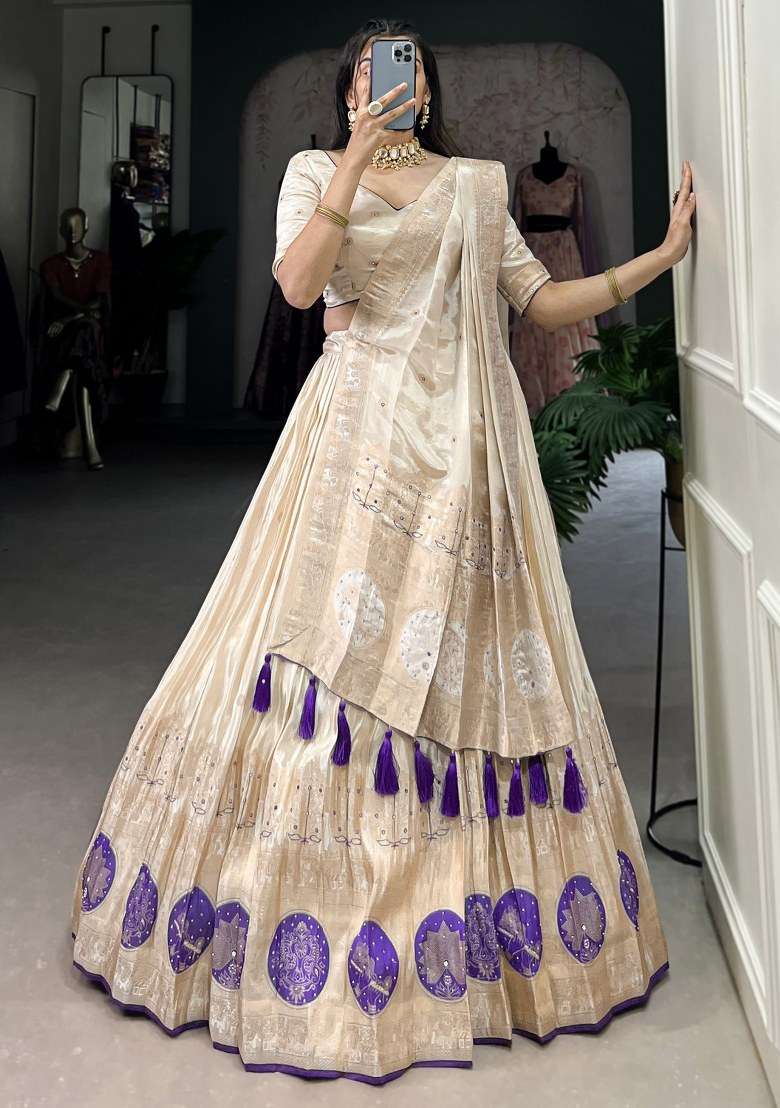 Off White Embroidered Silk Lehenga Set With Dupatta - Indya