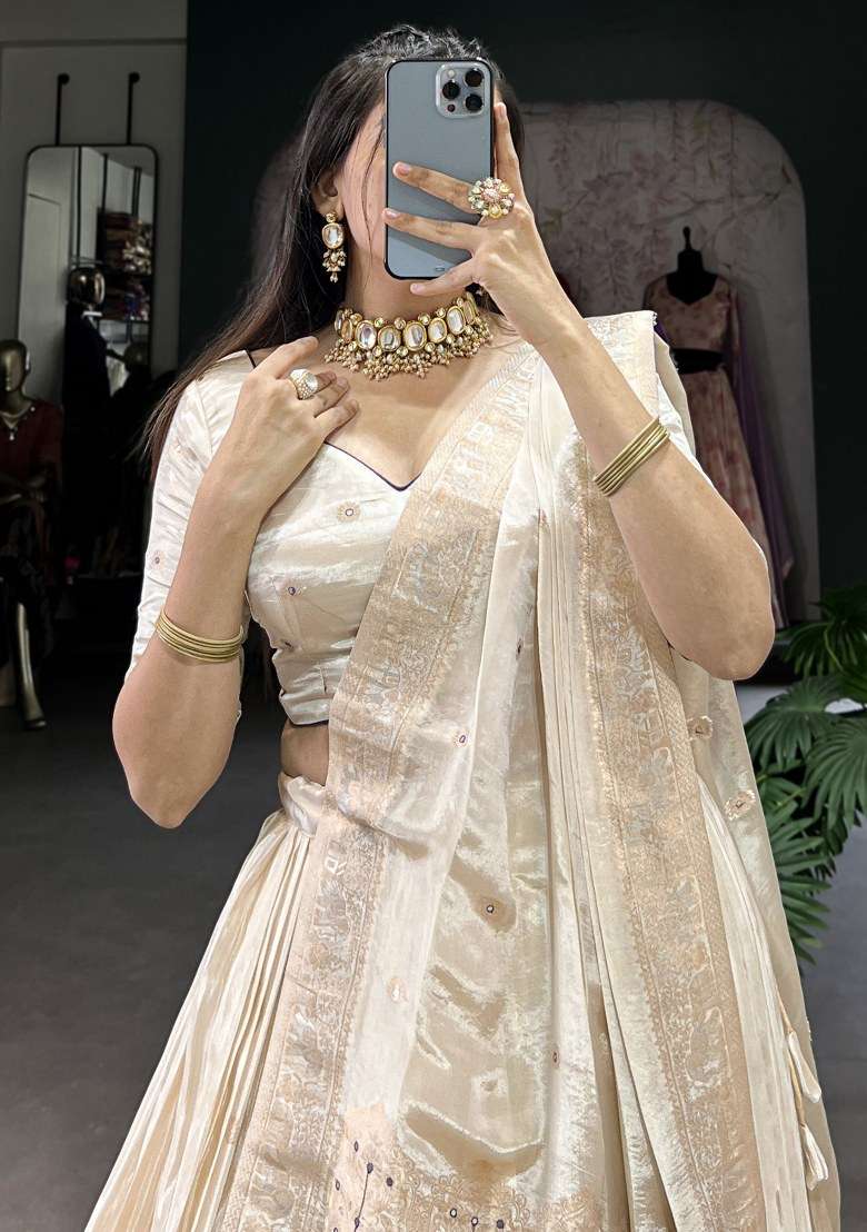 Off White Embroidered Silk Lehenga Set With Dupatta - Indya