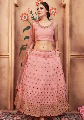 Peach Embroidered Georgette Lehenga Set With Dupatta