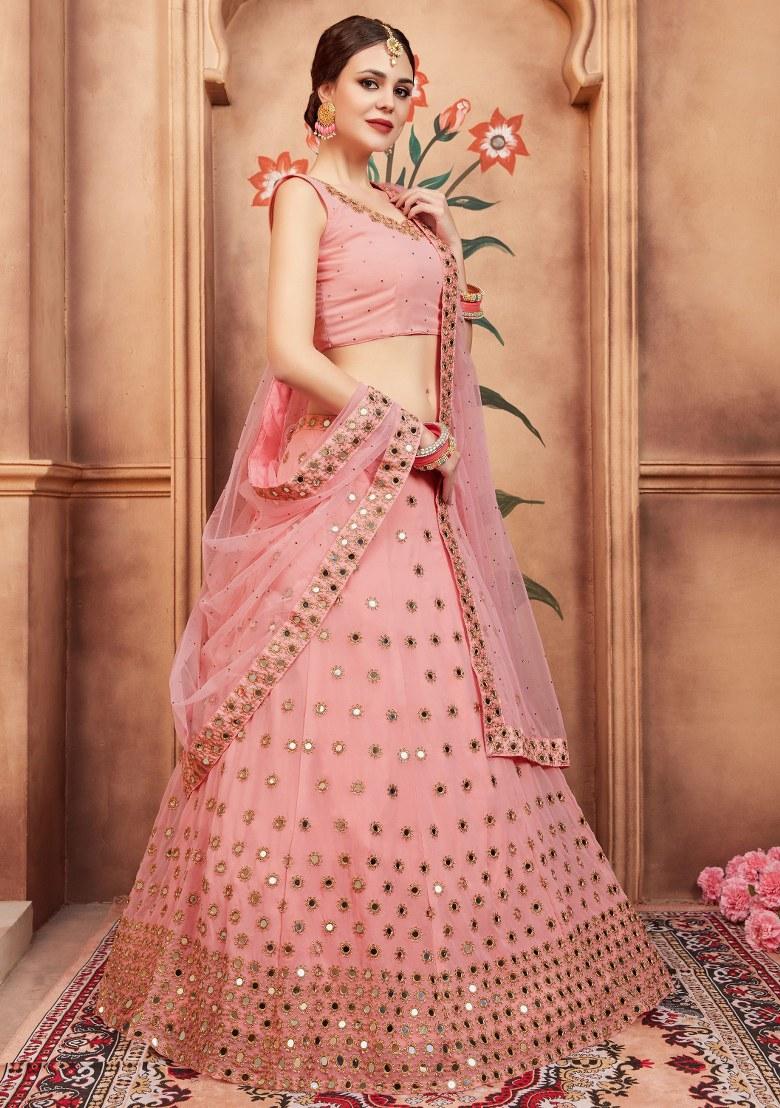 Peach Embroidered Georgette Lehenga Set With Dupatta