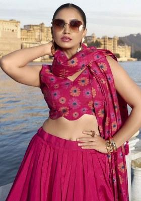 Pink Printed Silk Lehenga Set With Dupatta