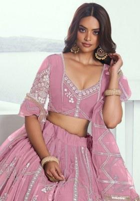 Pink Embroidered Net Lehenga Set With Dupatta