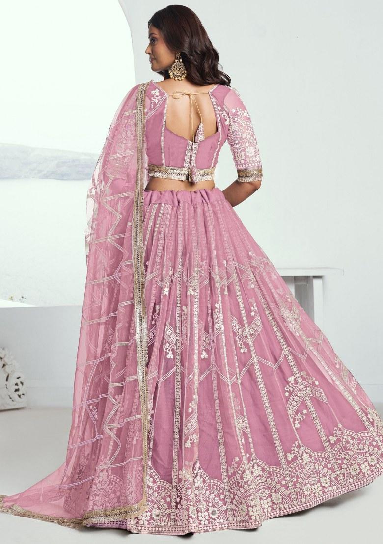 Pink Embroidered Net Lehenga Set With Dupatta
