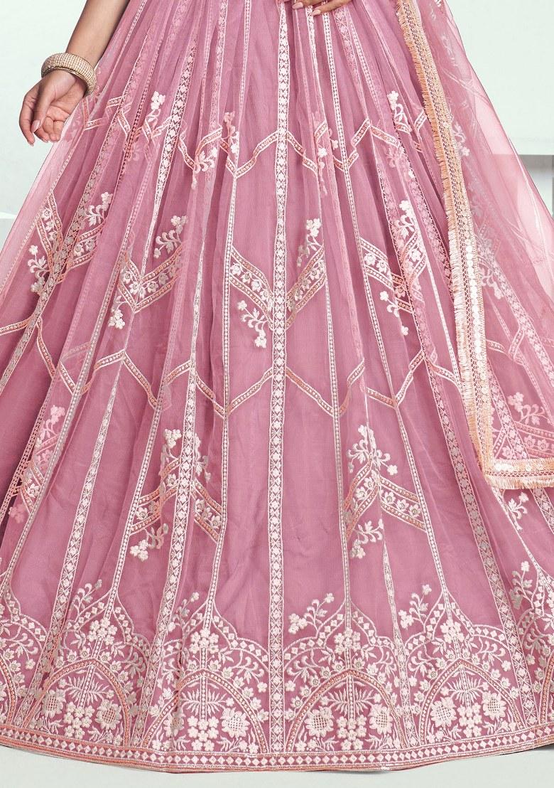 Pink Embroidered Net Lehenga Set With Dupatta