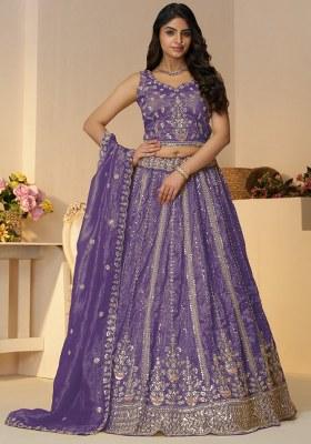 Purple Embroidered Silk Lehenga Set With Dupatta
