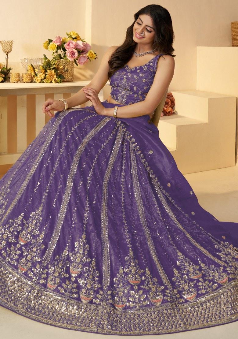 Purple Embroidered Silk Lehenga Set With Dupatta