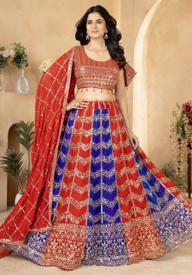 Red Embroidered Georgette Lehenga Set With Dupatta