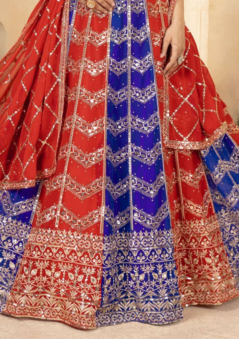 Red Embroidered Georgette Lehenga Set With Dupatta for Diwali and Festive Wear - Indya