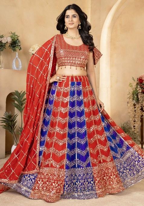 Red Embroidered Georgette Lehenga Set With Dupatta — view on Indya