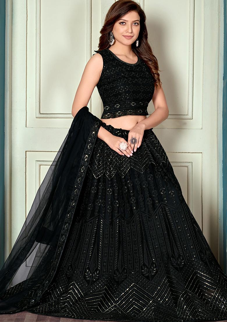 Black Digital Print Net Lehenga Set