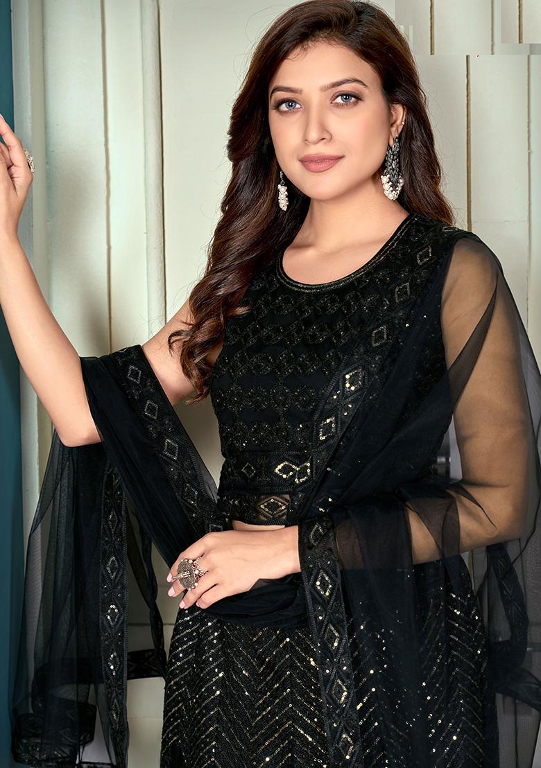 Black Digital Print Net Lehenga Set