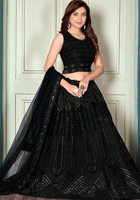 Black Digital Print Net Lehenga Set