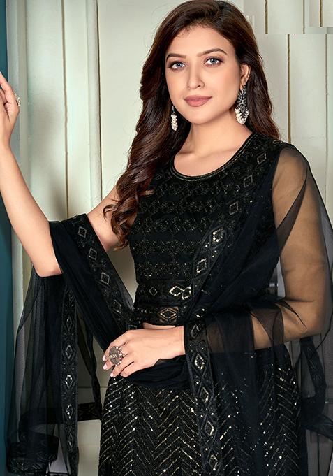 Black Digital Print Net Lehenga Set