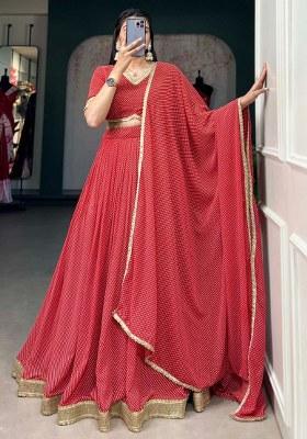 Red Printed Georgette Lehenga Set With Dupatta