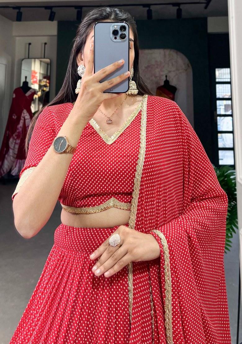 Red Printed Georgette Lehenga Set With Dupatta