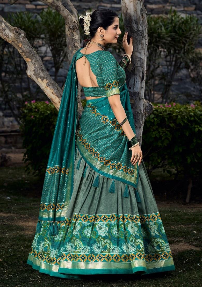 Green Printed Silk Lehenga Set With Dupatta