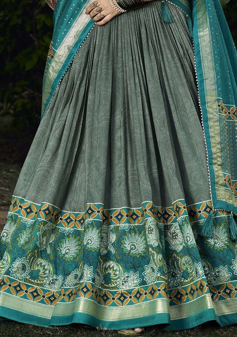 Green Printed Silk Blend Lehenga Set With Dupatta for Diwali and Festive Wear - Indya