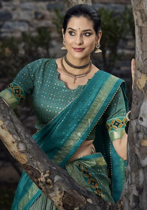 Green Printed Silk Lehenga Set With Dupatta — view on Indya