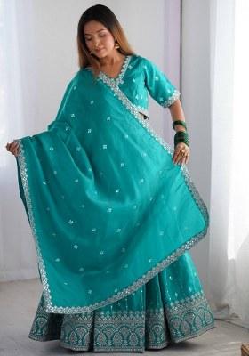 Green Embroidered Silk Lehenga Set With Dupatta