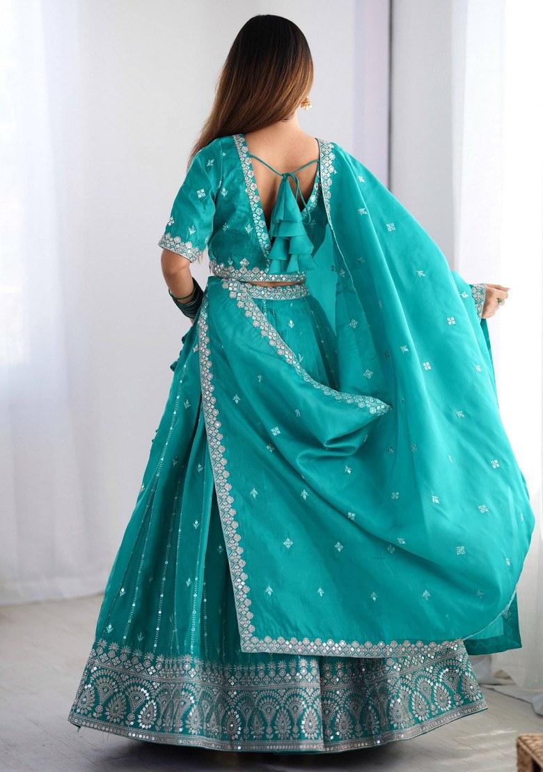 Green Embroidered Silk Lehenga Set With Dupatta