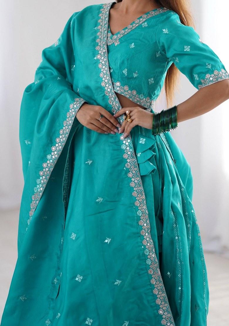 Green Embroidered Silk Lehenga Set With Dupatta