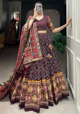 Purple Printed Silk Lehenga Set With Dupatta