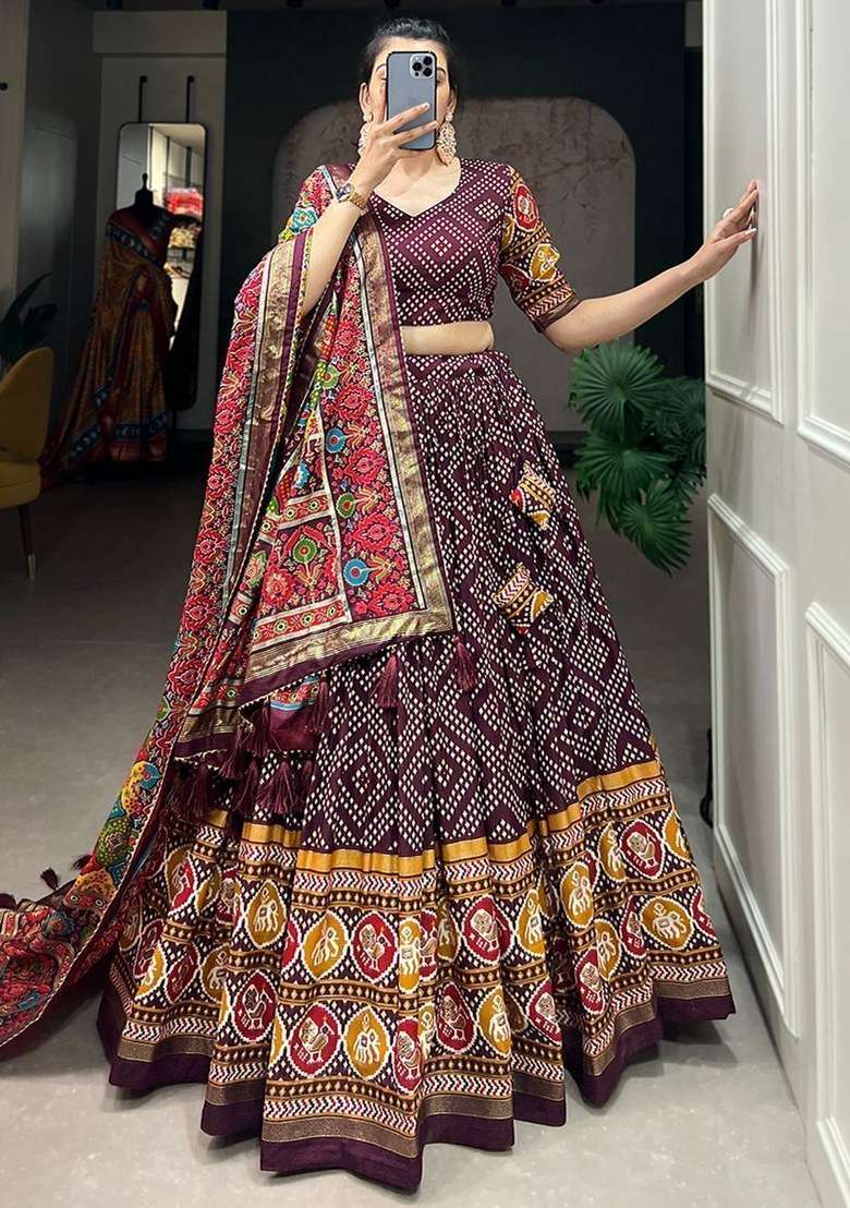 Purple Printed Silk Lehenga Set With Dupatta - Indya
